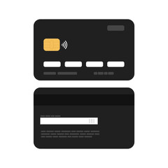 Atm credit and debit card with front and back sides. Black plastic bank card isolated on white background. Banking, finance, money and payment concept. Colored flat vector illustration