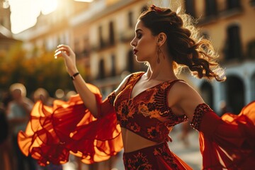 Beautiful female flamenco dancer in traditional dance dress. Young woman dancing flamenco on oldtown square. Flamenco is traditional Seville dance in, Generative AI  - obrazy, fototapety, plakaty