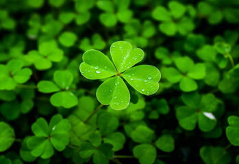 Green clover leaves with water drops closeup. Nature background. St.Patrick's day.