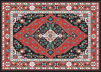 Persian carpet with geometric ornament. Red, black, beige and white colors. Vector illustration.
