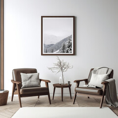 Two cozy armchairs in the living room against a white wall and framed paintings on the wall. Interior design of a modern living room in the style of Provence, Bauhaus, Scandinavian style. Minimalism