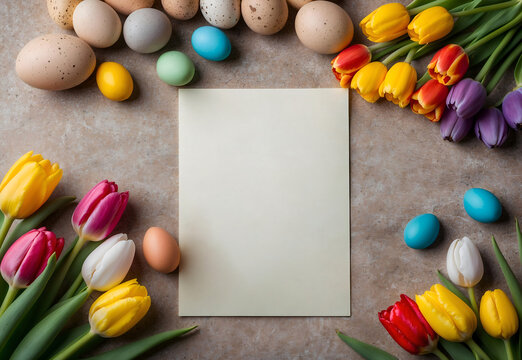 A still life depicting a happy Easter at home with spring flowers, tulips and colorful eggs and a place for text