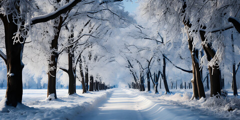 Stunning panorama of snowy landscape in winter with path in the middle. Winter wonderland