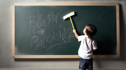 Behind a boy cleaning blackboard in classroom. - Powered by Adobe