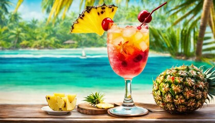 Trendy refreshing mocktails on the background of the beach at sunset. 

