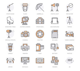 Photography equipment flat line icons. Digital camera, photos, lighting, video cameras, photo accessories, memory card, tripod. Vector illustration, signs for photostudio or store. Orange Color