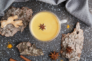 Natural organic masala tea with star anise, cinnamon on tree bark. Healthy traditional drink