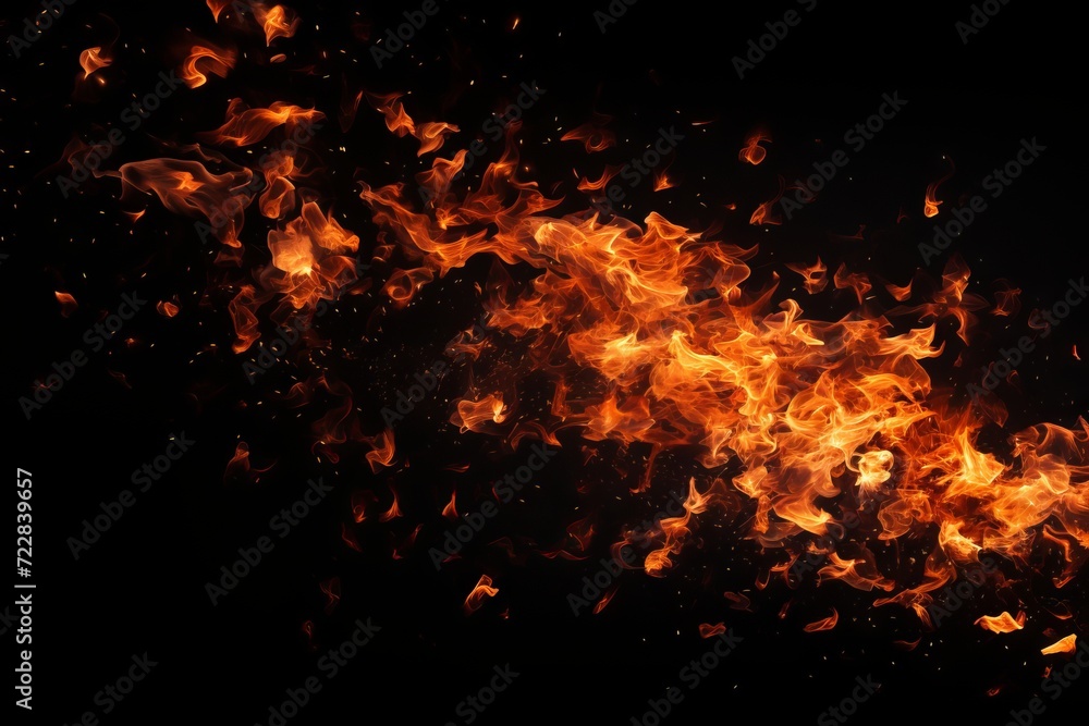 Poster sparks and embers flying up in the dark sky, creating a dazzling light effect on a black background