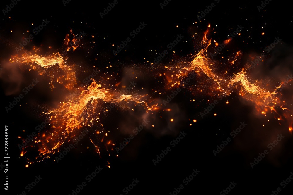 Poster sparks and embers flying up in the dark sky, creating a dazzling light effect on a black background