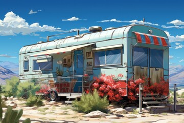 Vintage camper trailer in the desert. Motorhome and travel concept