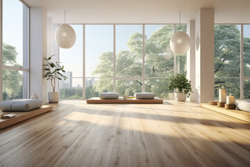 Obraz premium Modern living room interior with wooden floor, panoramic window and daylight. 