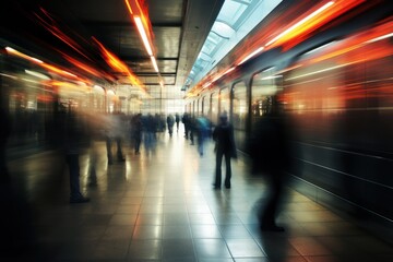Motion blur of people walking in a subway station. Intentional motion blur