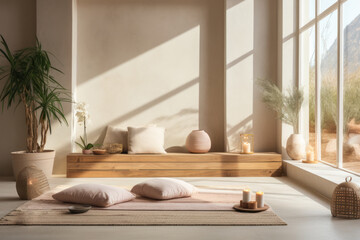 Fototapeta na wymiar Interior of modern living room with white walls, tatami mat, candles and plants. 