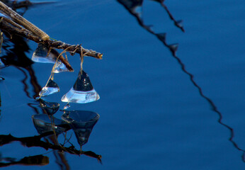 Bell-shaped ice formations in the blue lake water