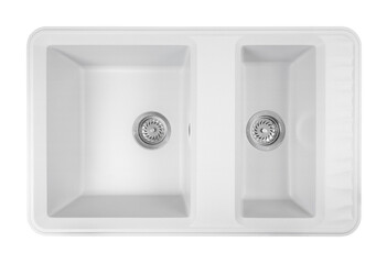 white stone kitchen sink two bowls isolated