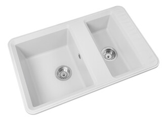 white stone kitchen sink two bowls isolated
