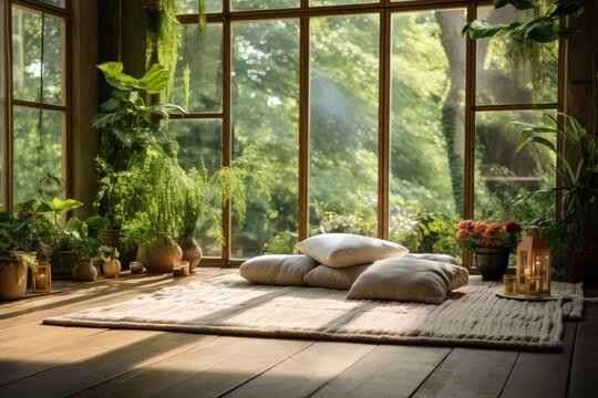 Relaxing in a cozy room with a large window overlooking the garden