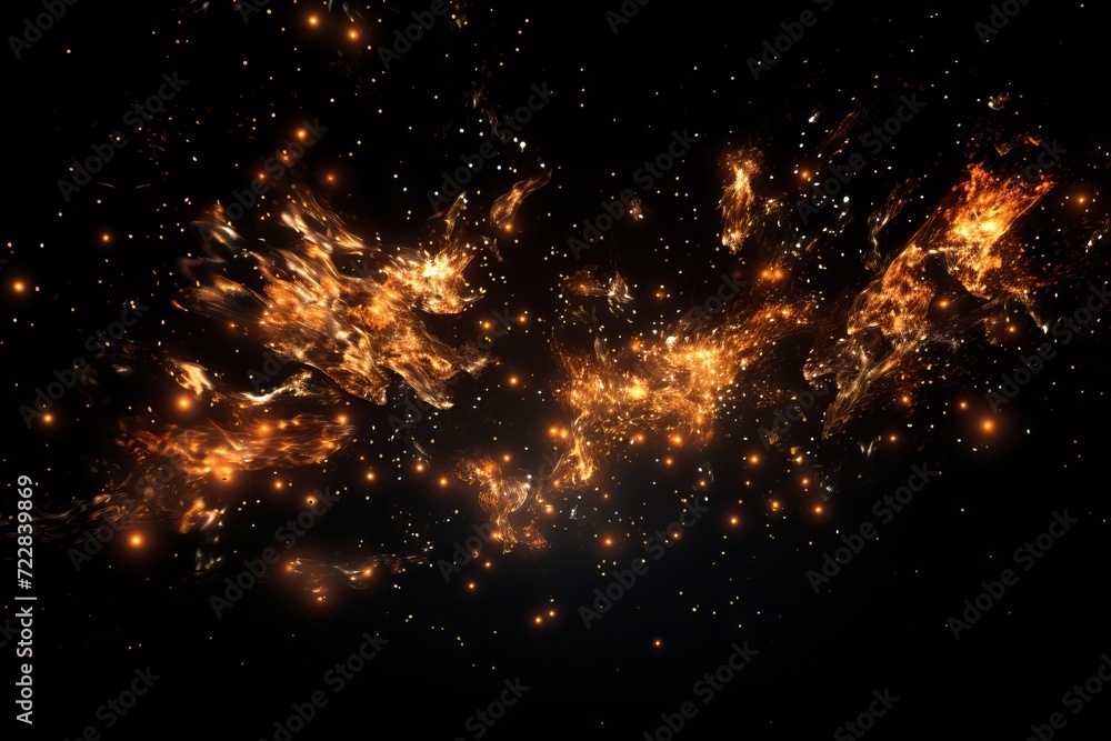 Poster sparks and embers flying up in the dark sky, creating a dazzling light effect on a black background