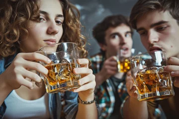Foto op Canvas Group of teenagers, young girls and boys with alcohol, children's alcoholism, selective focus © Tetiana Kasatkina