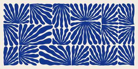 Abstract floral background matisse style. Contemporary algae leaf print, modern blue elements organic shapes for wall decor. Vector illustration