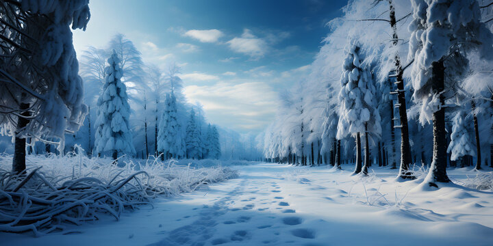 Winter landscape in forest with frozen pine trees and snowy path