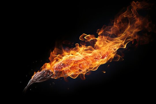 Flaming tongue and sparks on black background - a dramatic and fiery image for creative projects