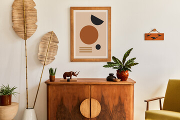 Minimalist composition of living room with brown mock up picture frame, plant, retro armchair,...