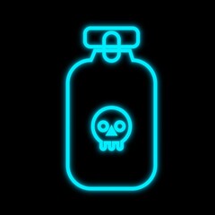 Neon sign of a poison bottle with a skull and crossbones glowing in blue on a dark background.