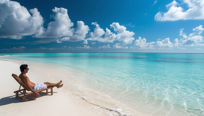 Fototapeta na wymiar Man Relaxing on Beach with Ocean View in Maldives Island