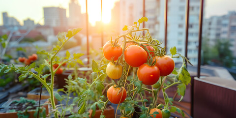 Red, yellow and orange tomatoes growing in container located on house balcony or terrace. Urban agriculture concept. - obrazy, fototapety, plakaty