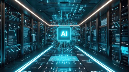High Tech Lab with AI Chip and surrounded by various electronic devices, AI, Artificial Intelligence concept, futuristic and technological background