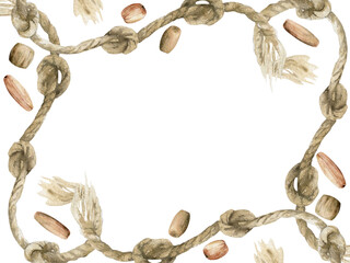 Hand drawn watercolor illustration sea witch altar objects. Three knots tied hemp rope cable, wooden beads. Horizontal frame isolated on white background. Design for print, shop, magic, occult, wicca