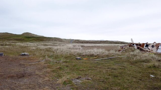 Caravan is blown away by storm Isha or Jocelyn in Portnoo, County Donegal, Ireland