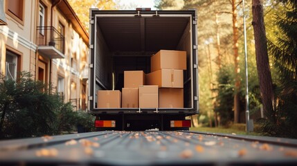 Open car trunk with moving boxes outdoors closeup, moving services, moving car outside the home, moving object service, moving house service