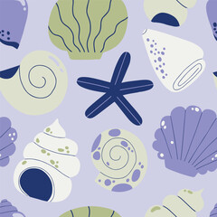 Beautiful seamless vector pattern with hand drawn seashells. Abstract nautical texture with shells and starfish. Underwater coral background - 722841809