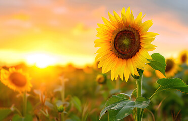 Large sunflower with yellow bright petals growing on farm plantation against evening sky at sunset