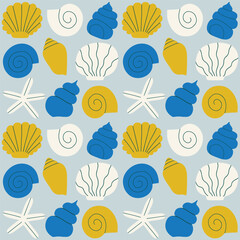 Cute and simple vector pattern with different Sea Shells in a row. Hand drawn seamless texture with exotic ocean shells. Beautiful marine background