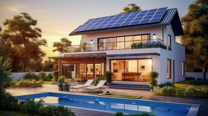 Modern family home with garden, swimming pool and solar panels on roof