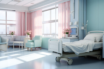 Serene hospital room with natural light and comfortable furniture during the day.