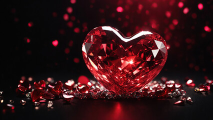 Close-up of the play of light on the facets of a ruby heart against a black background.