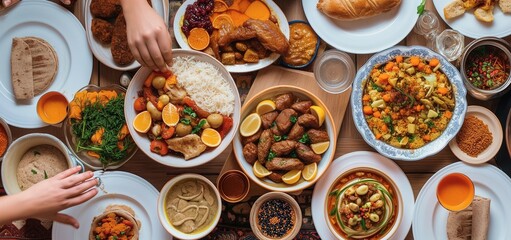 Breaking Fast, Ramadan iftar dinning table. Top view of muslim family celebrate Eid together share a meal - obrazy, fototapety, plakaty