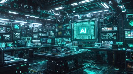 Fototapeta premium High Tech Lab with AI Chip and surrounded by various electronic devices, AI, Artificial Intelligence concept, futuristic and technological background