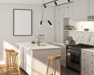 Frame mockup, ISO A paper size. Living room wall poster mockup. Interior mockup with house background. Modern interior design. 3D render
