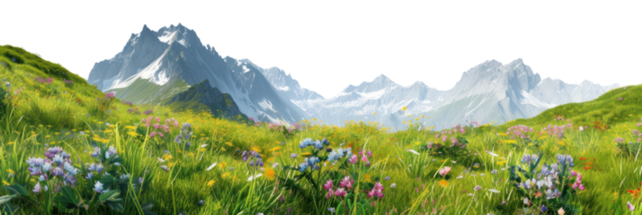 Mountain landscape in the mountains with blooming meadows, cut out - stock png.