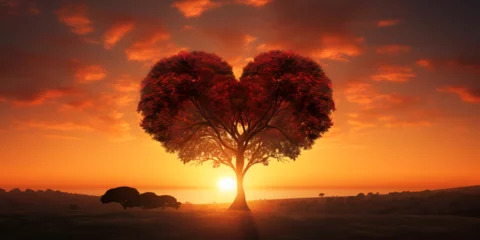 Papier Peint photo Lavable Orange heart shaped tree with beautiful sunset,Romantic Sunset Silhouette Heart Shaped Tree,Love in Nature Sunset Embrace with Heart Tree.