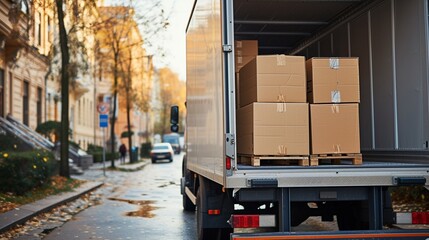 Open car trunk with moving boxes outdoors closeup, moving services, moving car outside the home, moving object service, moving house service