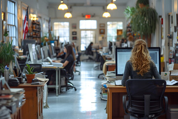Busy office environment with workers at desks using computers, focus on woman with curly hair.