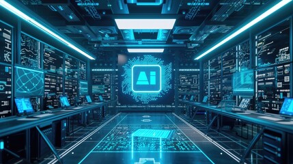 High Tech Lab with AI Chip and surrounded by various electronic devices, AI, Artificial Intelligence concept, futuristic and technological background - obrazy, fototapety, plakaty