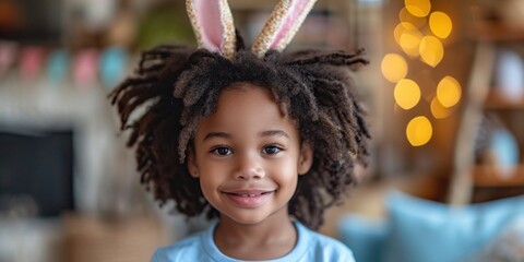 A cute black boy in a festive Easter costume holds a basket, exuding joy and cuteness.