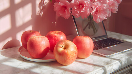 Fresh apples on a plate beside a laptop with pink flowers in a vase, soft light and shadows on a marble surface.